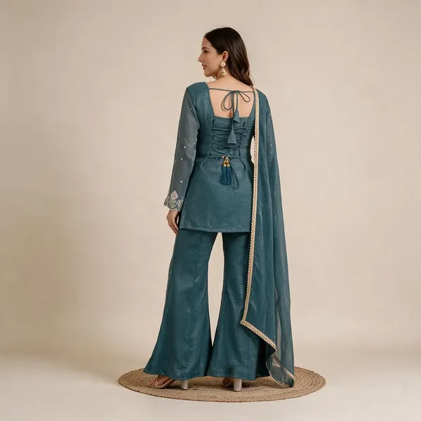 Teal_Crunchy_Silk_Sharara_Set_For_Women