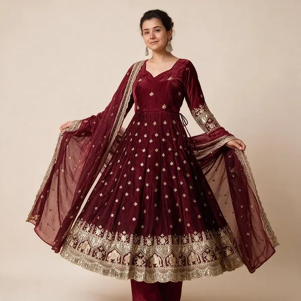 Burgundy_Fendi_Anarkali_Suit_Set_For_Women