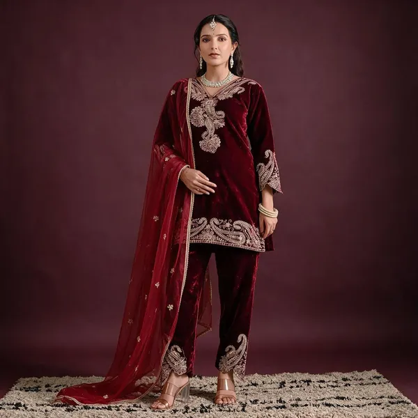 Maroon_Crunchy_Silk_Kurta_Set_For_Women