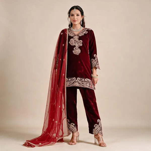 Maroon_Crunchy_Silk_Kurta_Set_For_Women