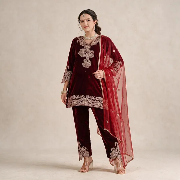 Maroon_Crunchy_Silk_Kurta_Set_For_Women