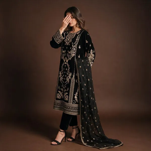 Black_Satin_Silk_Kurta_Dupatta_Set_For_Women