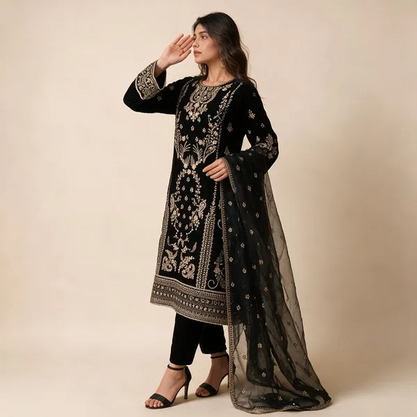 Black_Satin_Silk_Kurta_Dupatta_Set_For_Women