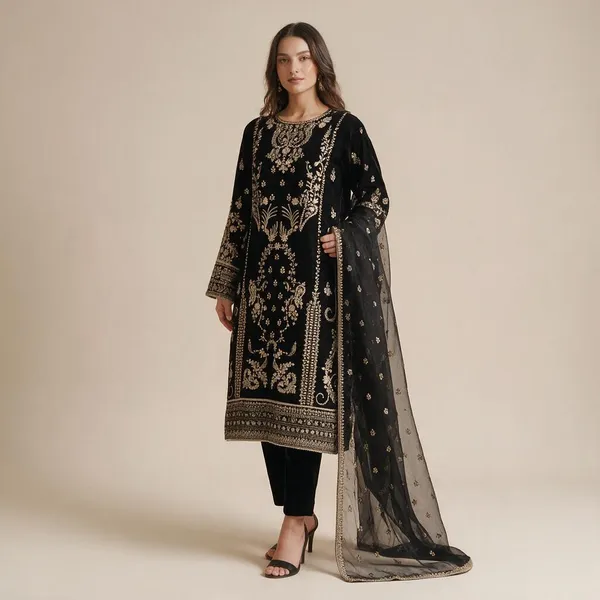 Black_Satin_Silk_Kurta_Dupatta_Set_For_Women