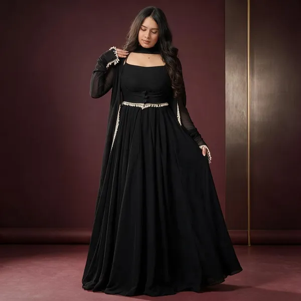 Black_Faux_Georgette_Anarkali_Dress_Set_For_Women