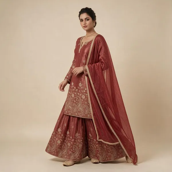 Rust_Crunchy_Silk_Sharara_Set_For_Women