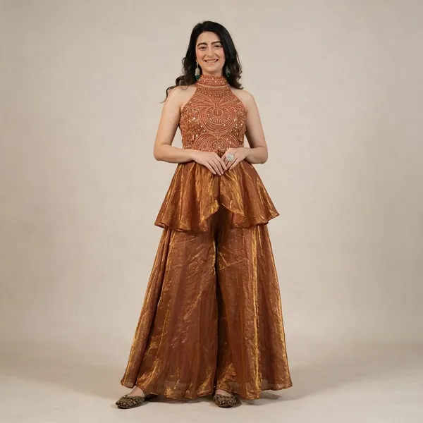 Brown_Fandy_Silk_Sharara_Set_For_Women