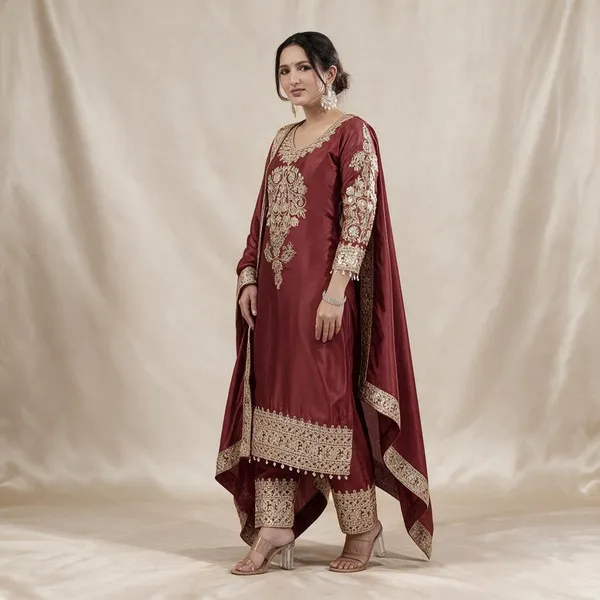 Maroon_Chinon_Silk_Kurta_Set_For_Women