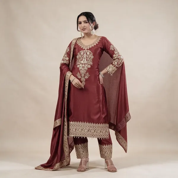 Maroon_Chinon_Silk_Kurta_Set_For_Women