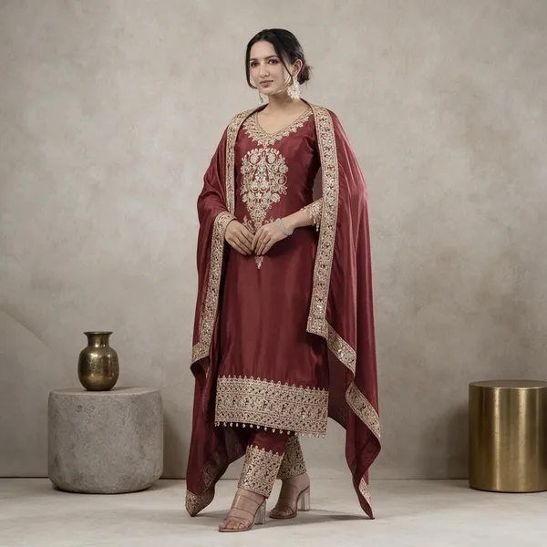 Maroon_Chinon_Silk_Kurta_Set_For_Women