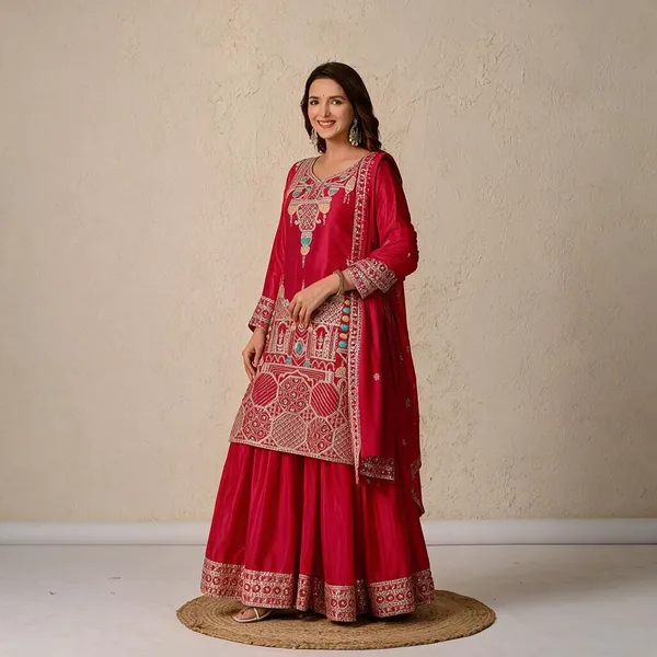 Red_Chinon_Silk_Sharara_Set_For_Women