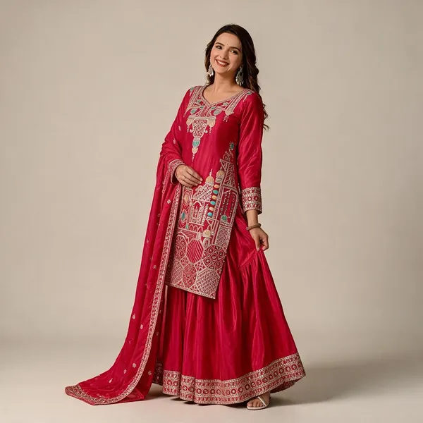 Red_Chinon_Silk_Sharara_Set_For_Women