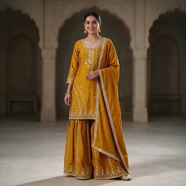 Mustard_Yellow_Chinon_Silk_Sharara_Set_For_Women