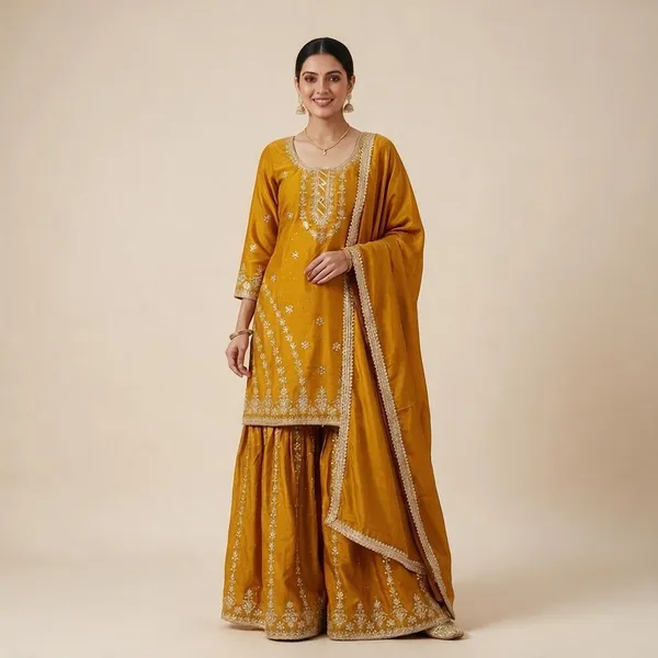 Mustard_Yellow_Chinon_Silk_Sharara_Set_For_Women