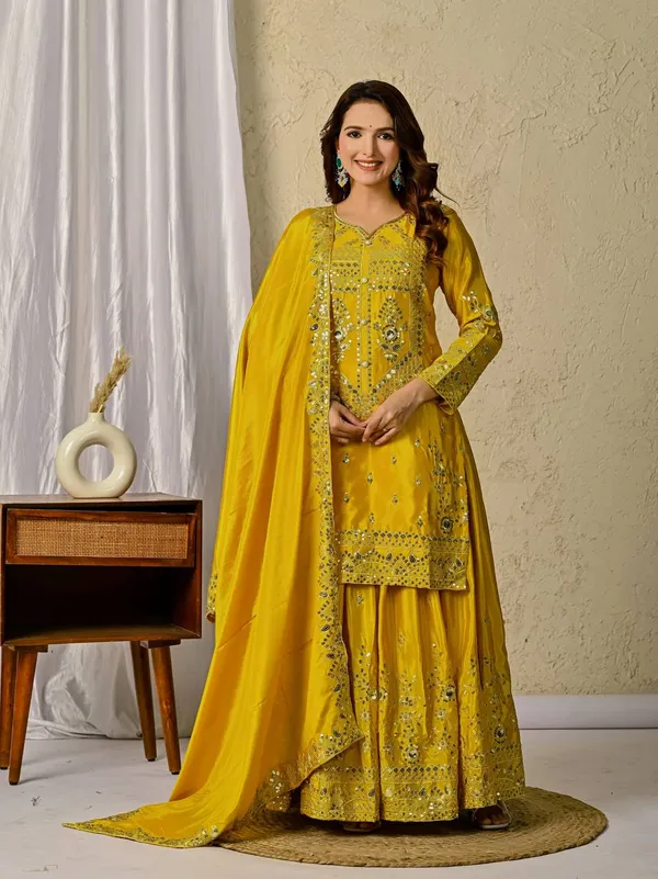 Yellow_Chinon_Silk_Kurta_Sharara_Set_For_Women
