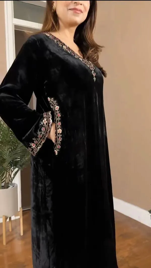 Premium_Black_Velvet_Embroidered_Kurta_Set_for_Women_with_Designer_Neckline_&_Matching_Printed_Bottoms