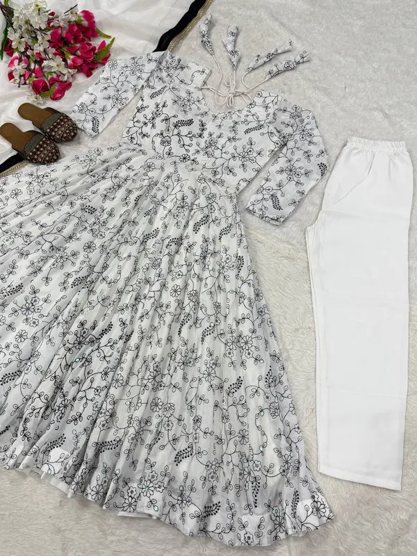 White_Vichitra_Silk_Anarkali_Dress_Set_For_Women