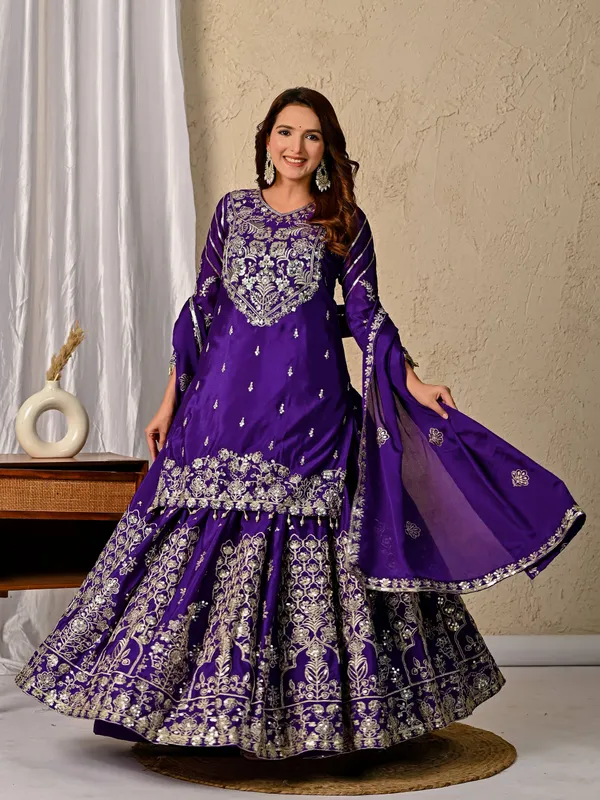 Purple_Chinon_Silk_Kurta_Sharara_Set_For_Women