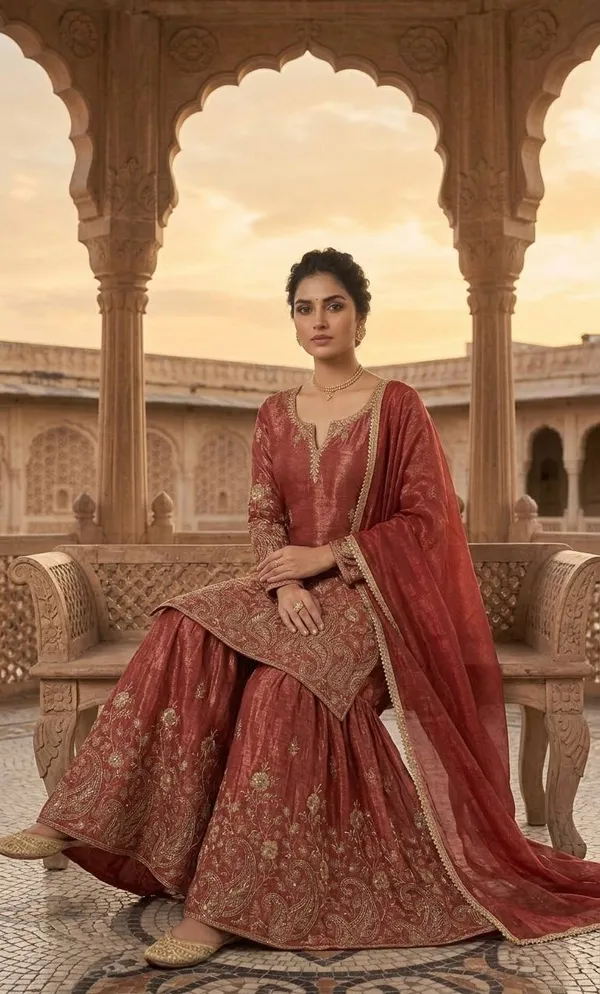 Rust_Crunchy_Silk_Sharara_Set_For_Women