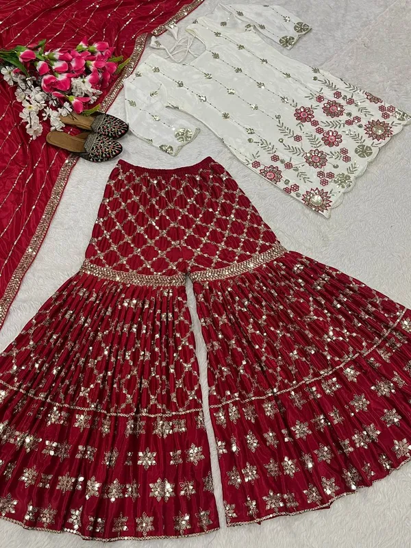 White_And_Maroon_Chinon_Silk_Sharara_Set_For_Women