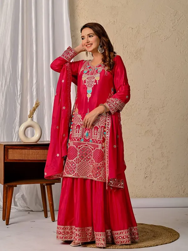 Red_Chinon_Silk_Sharara_Set_For_Women