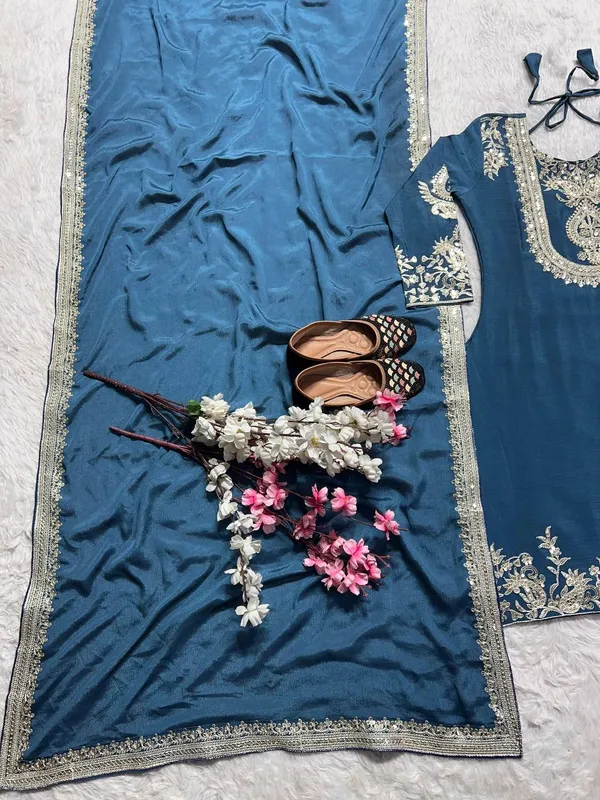 Blue_Chinon_Silk_Kurta_Set_For_Women