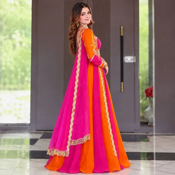 Women’s_Orange_&_Rani_Pink_Embroidered_Anarkali_Gown_with_Dupatta