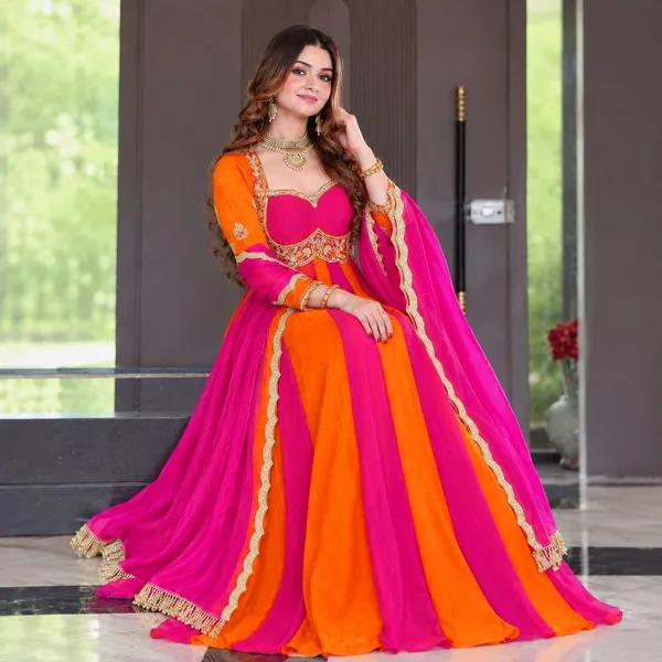 Women’s_Orange_&_Rani_Pink_Embroidered_Anarkali_Gown_with_Dupatta
