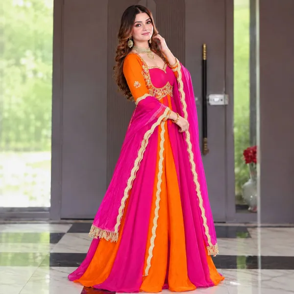 Women’s_Orange_&_Rani_Pink_Embroidered_Anarkali_Gown_with_Dupatta