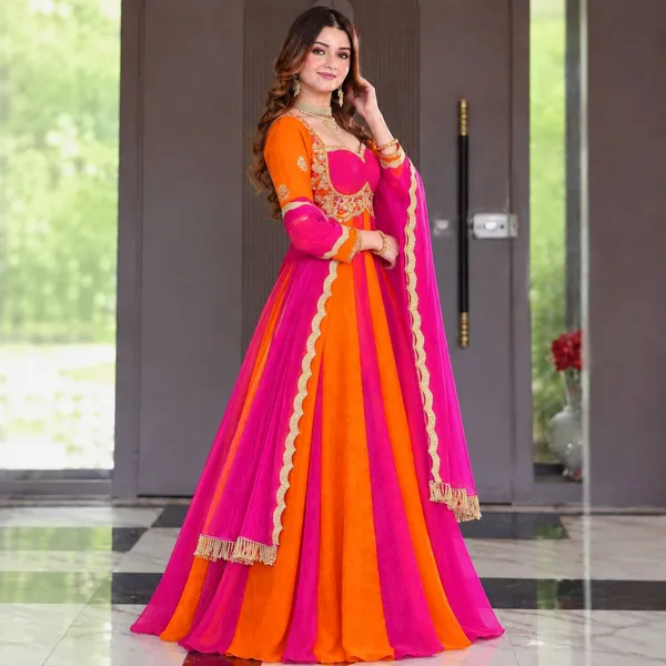 Women’s_Orange_&_Rani_Pink_Embroidered_Anarkali_Gown_with_Dupatta