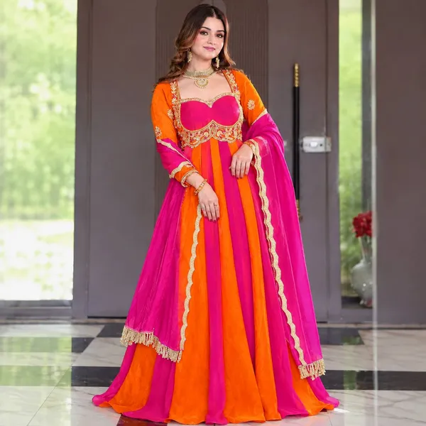 Women’s_Orange_&_Rani_Pink_Embroidered_Anarkali_Gown_with_Dupatta