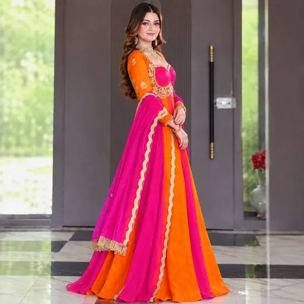 Women’s_Orange_&_Rani_Pink_Embroidered_Anarkali_Gown_with_Dupatta