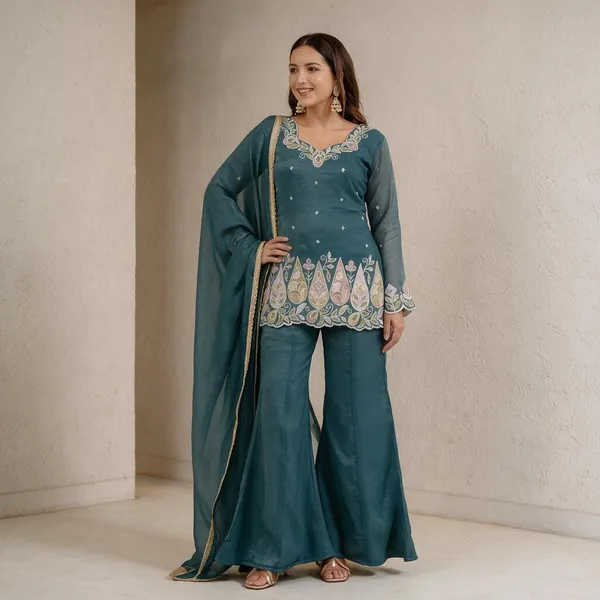 Teal_Crunchy_Silk_Sharara_Set_For_Women