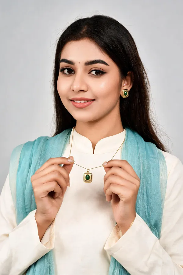 Gold_Green_Alloy_Geometric_Stone_Necklace_And_Earrings_Set_For_Women