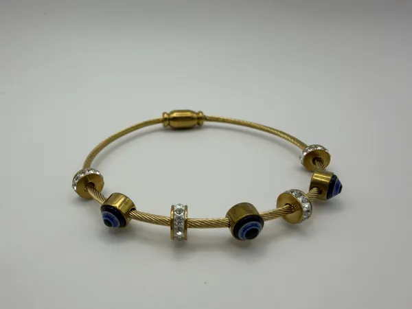 Gold_Blue_Alloy_Twisted_Wire_Beaded_Bracelet_For_Women