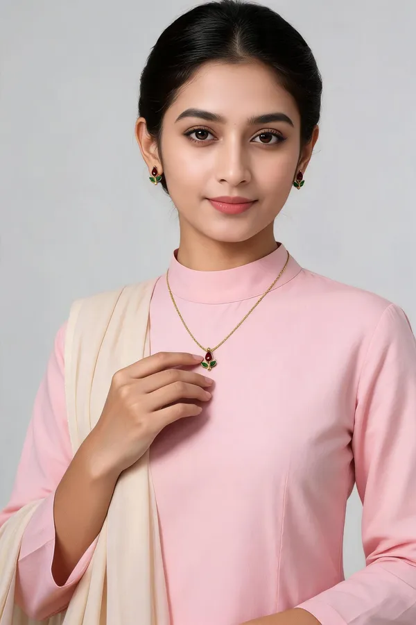 Gold_Alloy_Floral_Pendant_Necklace_And_Earrings_Set_For_Women