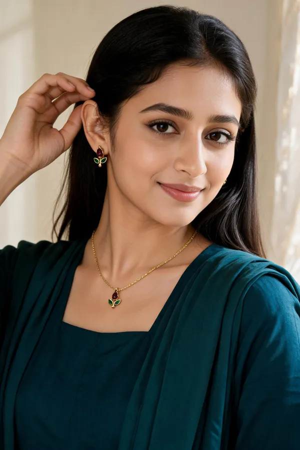 Gold_Alloy_Floral_Pendant_Necklace_And_Earrings_Set_For_Women