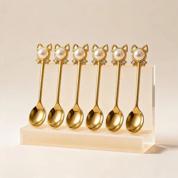 Metal_Gold-Tone_Cat_Pearl_Handle_Spoon_Set