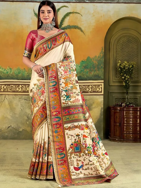 Cream_Printed_Ethnic_Saree_for_Women