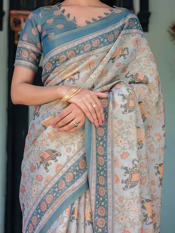Blue_And_Cream_Printed_Saree_For_Women