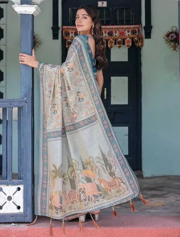Blue_And_Cream_Printed_Saree_For_Women