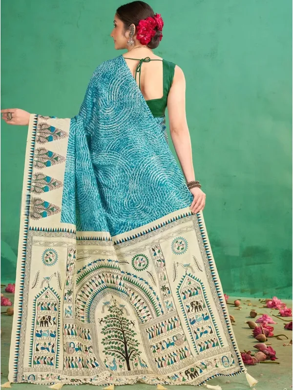 Turquoise_Printed_Ethnic_Saree_For_Women