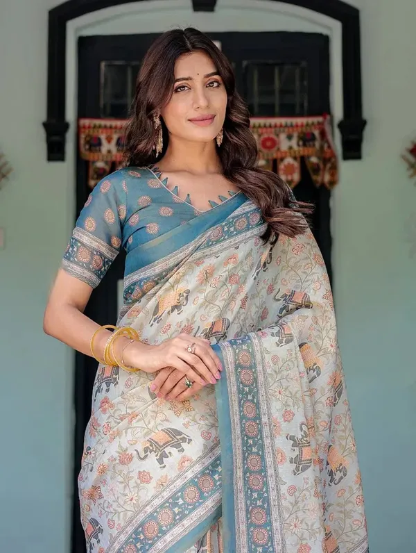 Blue_And_Cream_Printed_Saree_For_Women