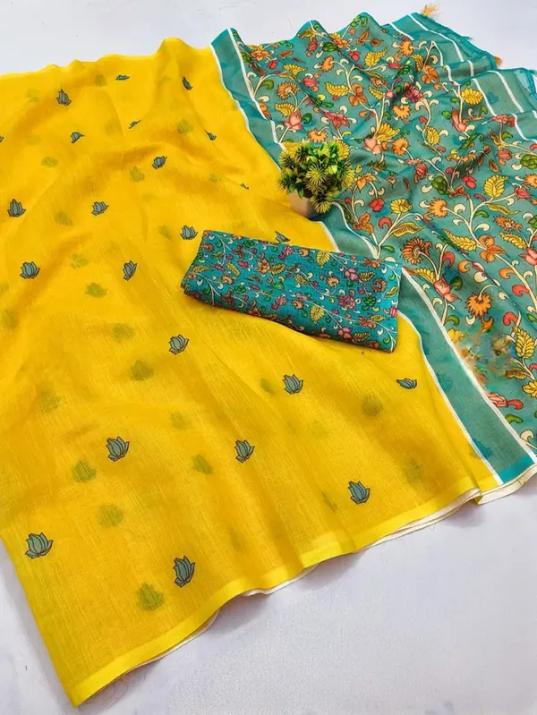 Yellow_Cotton_Floral_Printed_Saree_For_Women