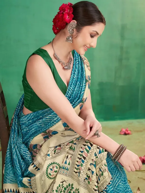 Turquoise_Printed_Ethnic_Saree_For_Women
