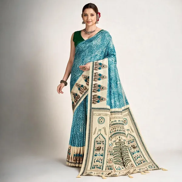 Turquoise_Printed_Ethnic_Saree_For_Women