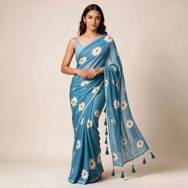 Blue_Linen_Floral_Print_Saree_for_Women