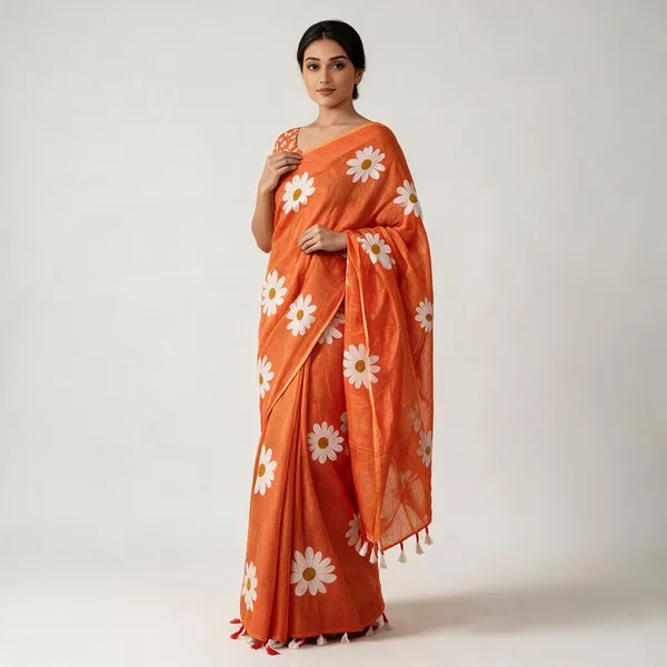 Orange_Floral_Print_Saree_With_Blouse_Piece