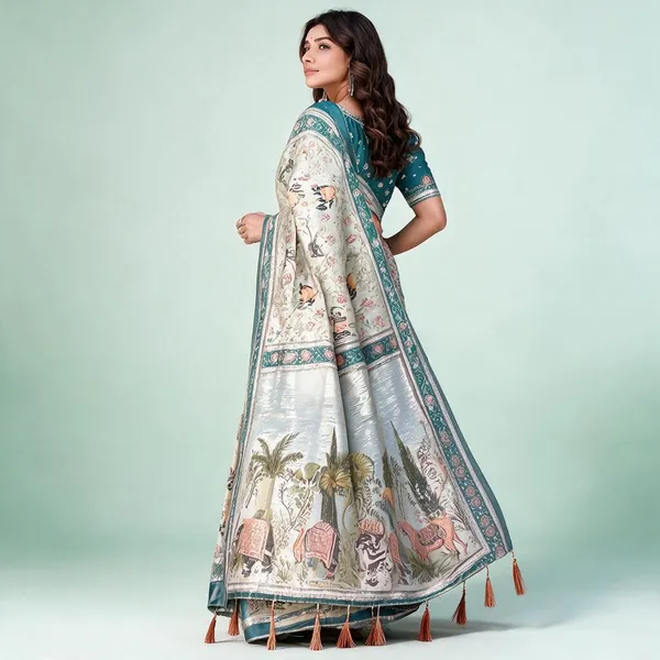 Blue_And_Cream_Printed_Saree_For_Women