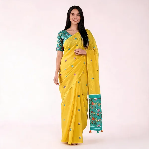 Yellow_Cotton_Floral_Printed_Saree_For_Women